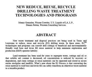 New Reduce, Reuse, Recycle Drilling Waste Treatment Technologies & Programs